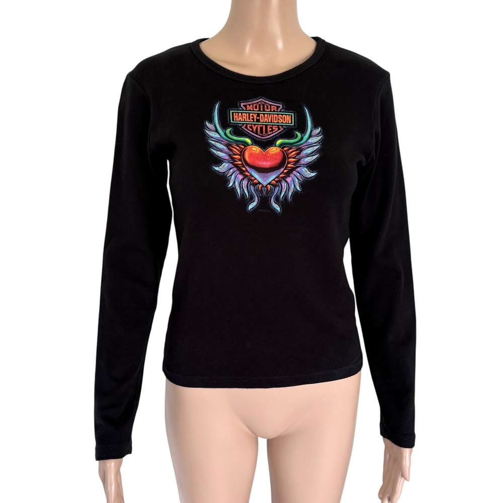 Harley-Davidson Y2K Womens Long Sleeve Graphic Tee Black Winged Heart Moto S USA